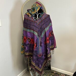 100% Wool Colorful Patterned Hooded Poncho
